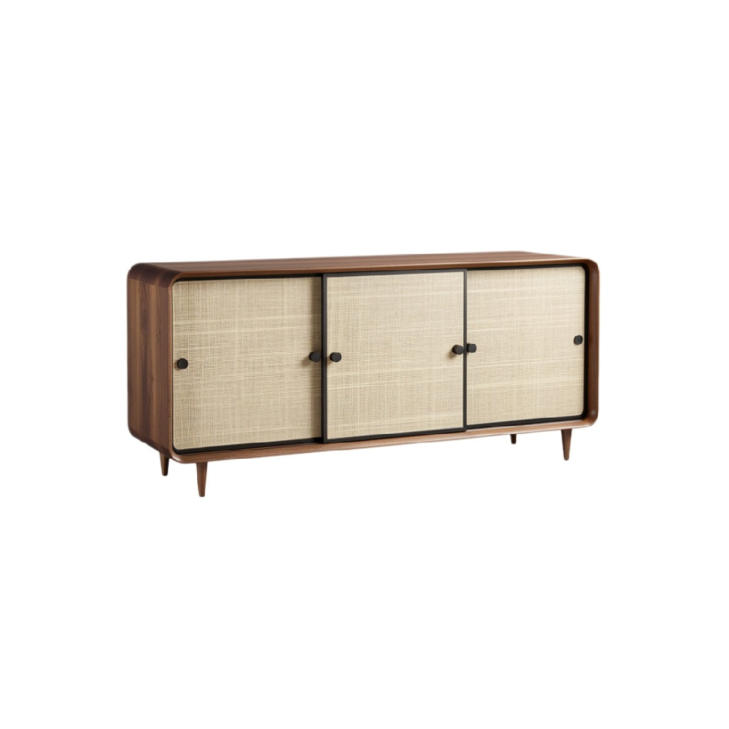 Mid-Century Modern Wooden Sideboard with Rattan Doors